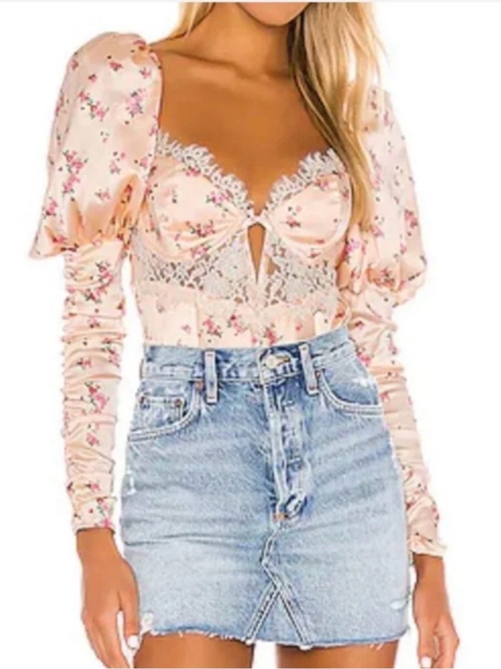 For Love & Lemons Pink Floral Lace-Trim Bustier Top
